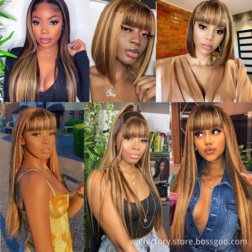 Long straight bang fringe human hair wigs, 4/27 machine wigs with bangs for black women, machine wigs for black women human hair